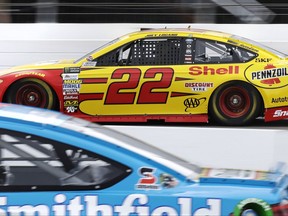 Joey Logano (22) drives the prior to qualifying for the NASCAR Cup Series auto race at New Hampshire Motor Speedway in Loudon, N.H., Friday, Sept. 22, 2017. (AP Photo/Charles Krupa)