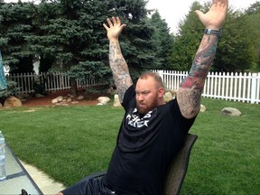 Hafthor Bjornsson, who portrays Gregor "The Mountain" Clegane, in the HBO series, "Game of Thrones," gestures during an interview in Concord, N.H., Thursday, Sept. 14, 2017. Bjornsson is taking part in the annual New Hampshire Highland Games and Festival this weekend in Lincoln, N.H. (AP Photo/Kathy McCormack)
