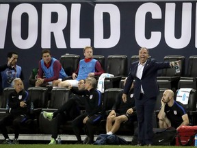 U.S. coach Bruce Arena, center right, shouts during the second half of the teams' World Cup qualifying soccer match against Costa Rica, Friday, Sept. 1, 2017, in Harrison, N.J. (AP Photo/Julio Cortez)