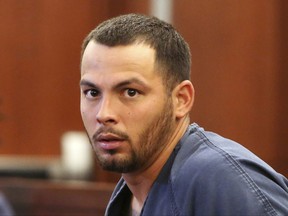 FILE - In this May 10, 2017, file photo, James Beach, who is charged with murder in the death of Luis Campos, who died after being sucker punched outside the Vanguard Lounge, makes a court appearance at the Regional Justice Center in Las Vegas. Beach pleaded not guilty to killing a California man with a single punch outside a downtown Las Vegas bar, and a judge set trial to begin Oct. 2, 2017. (Bizuayehu Tesfaye/Las Vegas Review-Journal via AP, File)