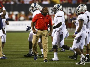 Howard coach Mike London shouts to his team during an NCAA college football game against UNLV at Sam Boyd Stadium in Las Vegas on Saturday, Sept. 2, 2017. (Chase Stevens/Las Vegas Review-Journal via AP)