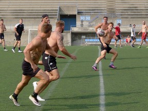 Players run drills at Toronto Wolfpack rugby practice in Toronto on Friday, Sept. 15, 2017. THE CANADIAN PRESS/Neil Davidson