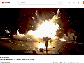 This image from a video posted on YouTube by SpaceX on Sept. 14, 2017 shows one of the unsuccessful landings of the company's orbital rocket boosters. SpaceX chief Elon Musk can afford to poke fun at his early, pioneering efforts at rocket recycling, now that his private company has pulled off 16 successful booster landings. The most recent occurred in early September 2017 in Florida. (SpaceX via AP)