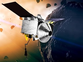 This illustration provided by NASA depicts the OSIRIS-REx spacecraft at the asteroid Bennu.