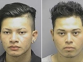 This photo combo provided by the Frederick, Md., Police Department shows, Edgar Chicas-Hernandez, 17, left, and Victor Gonzalez Guttierres, 19.  Authorities in Maryland have charged the two teens with kidnapping and raping a classmate and police say a third suspect is at large. (Frederick, Md., Police Department via AP)