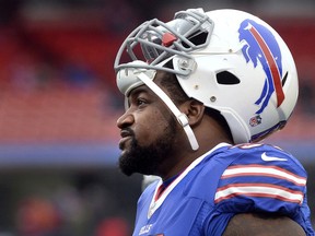 FILE - In this Dec. 24, 2016, file photo, Buffalo Bills defensive tackle Marcell Dareus is shown during warmups before an NFL football game in Orchard Park, N.Y.  Like it or not, Buffalo's top-paid player Marcell Dareus will have to get used to less playing time this season because new coach Sean McDermott prefers rotating his defensive linemen during games. (AP Photo/Adrian Kraus, File)