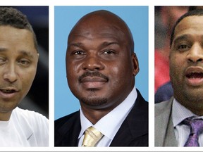 These file photos show, assistant basketball coaches Tony Bland, left, Chuck Person, center, and Lamont Richardson.  The three, along with assistant coach Lamont Evans of Oklahoma State, were identified in court papers and are among 10 people facing federal charges in Manhattan federal court, Tuesday, Sept. 26, 2017, in a wide probe of fraud and corruption in the NCAA, authorities said. (AP Photo/File)