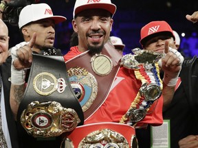 FILE - In this June 17, 2017, file photo, Andre Ward celebrates after defeating Sergey Kovalev in a light heavyweight championship boxing match in Las Vegas.  Ward is retiring from boxing with an undefeated record because he no longer has the desire to fight, according to a statement on his website Thursday, Sept. 21, 2017.  (AP Photo/John Locher, File)