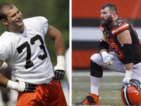 FILE - At left, in a July 27, 2007, file photo, Cleveland Browns offensive lineman Joe Thomas loosens up during football camp at the Cleveland Browns Training facility in Berea, Ohio. At right, in a Dec. 24, 2016, file photo, Browns' Joe Thomas looks on before an NFL football game against the San Diego Chargers in Cleveland. For more than 10 seasons, most of them miserable, Joe Thomas hasn't missed a single play for the Cleveland Browns. On Sunday, Sept. 17, 2017  in Baltimore, he'll reach 10,000 consecutive snaps, a testament to his durability and a mark that the 32-year-old Thomas has embraced on his way to one day being immortalized in the Hall of Fame.