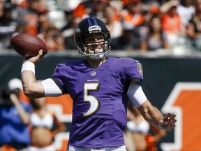 FILE - In this Sept. 10, 2017, file photo, Baltimore Ravens quarterback Joe Flacco throws in the first half of an NFL football game against the Cincinnati Bengals, in Cincinnati. In his 2017 debut, Baltimore Ravens quarterback Joe Flacco put up numbers unworthy of flowery superlatives. (AP Photo/Frank Victores, File)
