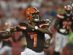 FILE - In this Saturday, Aug. 26, 2017, file photo, Cleveland Browns quarterback DeShone Kizer (7) throws against the Tampa Bay Buccaneers during the second quarter of an NFL preseason football game in Tampa, Fla. On Sunday, when the Browns take on the Pittsburgh Steelers, rookie Myles Garrett and Kizer will both get their first taste of one of the NFL's fiercest rivalries. (AP Photo/Jason Behnken, File)