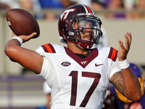 FILE - In this Sept. 16, 2017, file photo, Virginia Tech's Josh Jackson (17) delivers a pass during the second half of an NCAA college football game against East Carolina in Greenville, N.C.  Fourth-ranked Clemson visits No. 12 Virginia Tech on Saturday in an early ACC showdown. (AP Photo/Karl B DeBlaker, File)