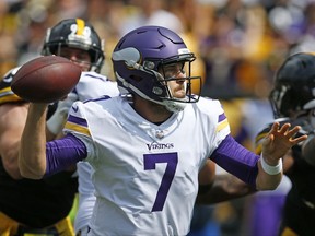FILE - In this Sunday, Sept. 17, 2017, file photo, Minnesota Vikings quarterback Case Keenum (7) passes during the first half of an NFL football game against the Pittsburgh Steelers in Pittsburgh. Keenum was thrust into action in just his second game suiting up for the Vikings, following Sam Bradford's flare-up of knee soreness and swelling. (AP Photo/Keith Srakocic, File)