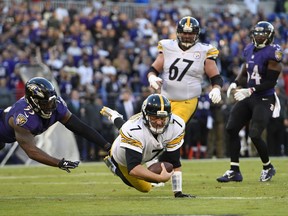 FILE - In this Nov. 6, 2016, file photo, Pittsburgh Steelers quarterback Ben Roethlisberger (7) dives past Baltimore Ravens outside linebacker Terrell Suggs, left, for a touchdown in the second half of an NFL football game in Baltimore. As early as it might be in the NFL schedule, several division games could be considered relatively critical in Week 4. That includes the best rivalry in the league, the Steelers against the Ravens. (AP Photo/Gail Burton, File)