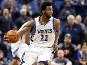 FILE - In this March 13, 2017, file photo, Minnesota Timberwolves' Andrew Wiggins plays during the second half of an NBA basketball game against the Washington Wizards in Minneapolis. Wiggins says he feels good about a max contract offer that is sitting in front of him with the Minnesota Timberwolves. (AP Photo/Jim Mone, File)