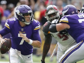 FILE  - In this Sunday, Sept. 24, 2017 file photo, Minnesota Vikings quarterback Case Keenum (7) throws a pass during the second half of an NFL football game against the Tampa Bay Buccaneers in Minneapolis. Case Keenum is coming off the best game of his career and might go back to the Minnesota Vikings bench this weekend. Such is the life of a backup quarterback.(AP Photo/Jim Mone, File)