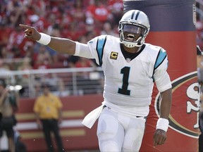 FILE - In this Sunday, Sept. 10, 2017 file photo, Carolina Panthers quarterback Cam Newton (1) celebrates after Jonathan Stewart scored a touchdown against the San Francisco 49ers during the second half of an NFL football game in Santa Clara, Calif. Buffalo Bills coach Sean McDermott spent the past six seasons going up against Cam Newton daily in practice. So you'd expect the Bills first-year coach to know a thing or two about how to slow down the league's 2015 MVP, right? McDermott joked the problem is he won't be on the field. The Bills play the Panthers on Sunday, Sept. 17, 2017. (AP Photo/Marcio Jose Sanchez, File)