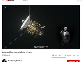 This image shows a frame from a video posted on YouTube by The Planetary Society on Sept. 12, 2017, with actor Robert Picardo singing an operatic ode to the Cassini spacecraft. The actor from TV's old "Star Trek: Voyager" series says he dashed off the lyrics in about a minute, several weeks ago. (The Planetary Society via AP)