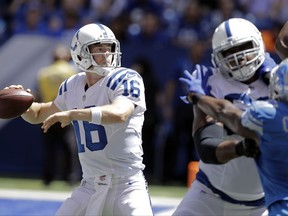 FILE - In this Aug. 13, 2017, file photo, Indianapolis Colts quarterback Scott Tolzien passes against the Detroit Lions during the first half of an NFL preseason football game in Indianapolis. If Andrew Luck can't play, Tolzien would probably start. He is 0-2-1 in three career starts. (AP Photo/Darron Cummings, File)