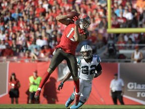 FILE - In this Jan. 1, 2017, file photo, Tampa Bay Buccaneers wide receiver Mike Evans (13) catches a pass in front of Carolina Panthers free safety Michael Griffin (22) during the second half of an NFL football game in Tampa, Fla. Evans wants no part of a debate about whether he or New York Giants' Odell Beckham Jr., is the best young receiver in the NFL. (AP Photo/Phelan M. Ebenhack, File)
