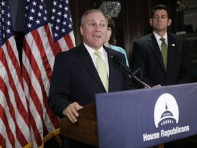 FILE - In this Tuesday, June 13, 2017, file photo, House Majority Whip Steve Scalise, R-La., joined by Speaker of the House Paul Ryan, R-Wis., far right, and Rep. Cathy McMorris Rodgers, R-Wash., comments on health care for veterans during a news conference at Republican National Committee Headquarters on Capitol Hill in Washington. CBS said that "60 Minutes" has landed the first television interview with Scalise since he was shot at a congressional baseball team practice in June. The network said Wednesday, Sept. 27, that Scalise will speak to Norah O'Donnell for the newsmagazine's episode this Sunday. (AP Photo/J. Scott Applewhite, File)