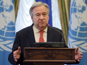 FILE - In this Sunday, July. 9, 2017, file photo, United Nation Secretary-General Antonio Guterres speaks during a news conference in Kiev, Ukraine. The U.N. Security Council unanimously approved a resolution welcoming recent efforts to bring opposing sides together in Libya, a conflict that Guterres said is ripe for mediation to end years of chaos and restore peace. The resolution adopted Thursday, Sept. 14, 2017, extends the U.N. political mission in the country until Sept. 15, 2018, with a mandate "to exercise mediation and good offices" to support "an inclusive political process." (AP Photo/Efrem Lukatsky, File)