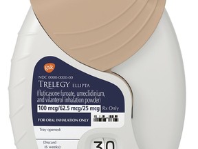 This photo provided by GlaxoSmithKline PLC shows the company's Trelegy Ellipta inhaler. Late Monday, Sept. 18, 2017, the Food and Drug Administration approved the product, which is the first inhaler that combines three medicines to ease breathing in patients with emphysema or chronic bronchitis. (GlaxoSmithKline PLC via AP)