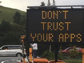 This undated photo provided by the City of Fremont, Calif., shows a blinking sign warning drivers: "Don't Trust Your Apps," in Fremont, Calif. The sign was part of the city's response to combatting the congestion caused by traffic being diverted onto neighborhood and side streets by digital maps that direct motorists away from highway traffic jams. (City of Fremont, Calif. via AP)