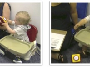 This combination of undated images taken from video provided by Julia Anne Leonard shows a "handoff" of a baby handing the toy to the parent, left, or throwing the toy to the ground during a study conducted by researchers. Children around 15 months old can become more persistent in pursuing a goal if they've just seen an adult succeed after struggling, a new study says. The results suggest "the potential value in letting children 'see you sweat:' Showing children that hard work might encourage them to work hard too," researchers conclude in a report released Thursday, Sept. 21, 2017, by the journal Science. (Julia Anne Leonard via AP)