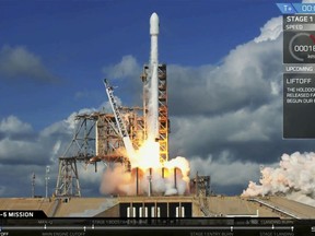 In this frame from video provided by SpaceX an unmanned Falcon rocket launches from Florida's Kennedy Space Center, Thursday, Sept. 7, 2017. It's the fifth flight for one of these crewless mini shuttles, known as the X-37B Orbital Test Vehicle. (SpaceX via AP)