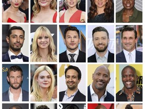 This combination photo shows, top row from left,  Zoe Kravitz, Amy Poehler, Kate McKinnon, Maya Rudolph and Leslie Jones, second row from left, Riz Ahmed, Anna Faris, Chris Pratt, Justin Timberlake and Jon Hamm, from third row from left, Chris Hemsworth,  Elle Fanning, Lin-Manuel Miranda, Dwayne Johnson and Terry Crews, and bottom rom from left, Jordan Peele,  Janelle Monae, Priyanka Chopra, Barry Jenkins and Gal Gadot, some of the newest members of the Academy of Motion Picture Arts and Sciences.  (AP Photo/File)