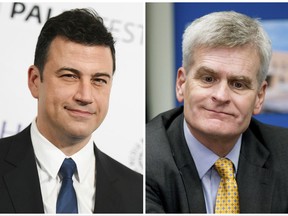 In this combination photo,  Jimmy Kimmel appears at the 32nd Annual Paleyfest in Los Angeles on March 8, 2015, left, and Sen. Bill Cassidy, R-La., in New Orleans on Aug. 27, 2015. Kimmel said on Sept. 19, 2017, that Republican Sen. Bill Cassidy "lied right to my face" by going back on his word to ensure any health care overhaul passes a test the Republican lawmaker named for the late night host. The ABC comic's withering attacks this week have transformed the debate over the Graham-Cassidy bill. In the process, they've also illustrated how thoroughly late-night talk shows have changed in the last decade and have become homes for potent points of view. (AP Photo/File)