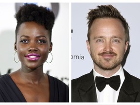 This combination photo shows, from left, Hugh Jackman, Lupita Nyong'o, Aaron Paul and Demi Lovato who will co-host this year's Global Citizen Festival, an annual free event held in New York's Central Park on Sept. 23. (AP Photo/File)
