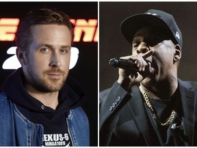 This combination photo shows Ryan Gosling at CinemaCon 2017 on March 27, 2017, in Las Vegas, left, and Jay Z performing at a campaign rally for Democratic presidential candidate Hillary Clinton in Cleveland on Nov. 4, 2016. Gosling will host the 43rd season opener of "Saturday Night Live," on Sept. 30. Jay-Z will be the musical guest. (AP Photo/File)