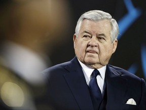 FILE - In this Jan. 24, 2016, file photo, Carolina Panthers owner Jerry Richardson watches before the NFL football NFC Championship game against the Arizona Cardinals in Charlotte, N.C. The Panthers say team captains and other selected players met with owner Richardson at his home Tuesday, Sept. 26, to "discuss social issues affecting the league and solutions moving forward." (AP Photo/Bob Leverone, File)