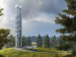 This undated artist rendering provided by bioLINIA and Paul Murdoch Architects via that National Park Service shows a depiction of the completed Tower of Voices that will be part of the Flight 93 National Memorial. The 16th anniversary of United Flight 93's crash into a Pennsylvania field during the 9/11 terrorist attacks will mark the beginning of the end of a $46 million effort to transform the rural Pennsylvania crash site into a national memorial park. Ground was broken Sunday, Sept. 10, 2017, on the final element of the memorial. The tower to be built near the park's entrance will feature 40 tubular metal wind chimes, one each for the 33 passengers and seven crew members who died. (bioLINIA and Paul Murdoch Architects via AP)