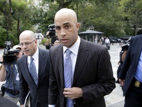 FILE - In this Sept. 21, 2015, file photo, James Blake arrives at New York's City Hall. A 2015 incident where former pro tennis star Blake was mistakenly arrested in New York City has become the subject of a disciplinary trial for the arresting officer accused of using excessive force. The 37-year-old Blake is expected to testify at a proceeding starting Tuesday, Sept. 19, 2017. (AP Photo/Seth Wenig, File)