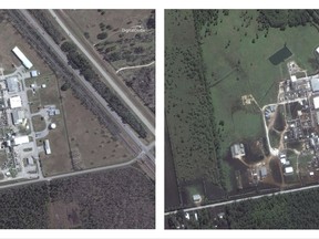 This combination of satellite images provided by DigitalGlobe shows the Arkema Inc. chemical plant in Crosby, Texas, on Jan. 29, 2017 and Aug. 31, 2017. Hurricane Harvey made landfall on Friday, Aug. 25. (DigitalGlobe via AP)