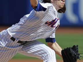 New York Mets starting pitcher Jacob deGrom delivers during the first inning of a baseball game against the Washington Nationals, Sunday, Sept. 24, 2017, in New York. (AP Photo/Kathy Willens)