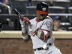 Washington Nationals' Victor Robles is hit by a pitch during the second inning of a baseball game against the Washington Nationals on Friday, Sept. 22, 2017, in New York. (AP Photo/Bill Kostroun)