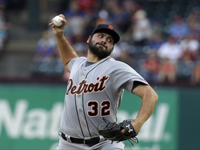 FILE - This Aug. 14, 2017 file photo shows Detroit Tigers starting pitcher Michael Fulmer throwing to the Texas Rangers in the first inning of a baseball game in Arlington, Texas. Fulmer will undergo elbow surgery on Tuesday, Sept. 12, 2017 and miss the remainder of the season, manager Brad Ausmus said Monday. Fulmer will have ulnar nerve transposition surgery performed by Dr. James Andrews in Florida. The should alleviate the numbness he had been experiencing with fingers on his right hand. (AP Photo/Tony Gutierrez, file)