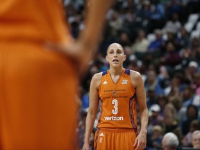 FILE - This Sept. 30, 2016 file photo shows Phoenix Mercury guard Diana Taurasi looking to her teammate during the first half of Game 2 of the WNBA basketball semifinals against the Minnesota Lynx in St. Paul. Taurasi moved into first place on a WNBA career list this season. She took over the top spot in points scored.  Taurasi said in August that it was special playing with Sue Bird at the All-Star Game this year because she never knew how many more times they'd both be on the court together. The WNBA playoffs get underway on Wednesday, Sept. 6, 2017 with two single-elimination games in the first round. (AP Photo/Stacy Bengs, file)
