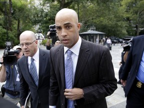 FILE - In this Sept. 21, 2015, file photo, James Blake arrives at New York's City Hall. The internal disciplinary trial of Officer James Frascatore, the police officer who tackled the retired pro tennis player outside a New York Hotel in 2015, concluded Tuesday, Sept. 26, 2017. Officer disciplinary records are secret under state law, city officials say, so the public, and even Blake, might never learn the details of any punishment. (AP Photo/Seth Wenig, File)