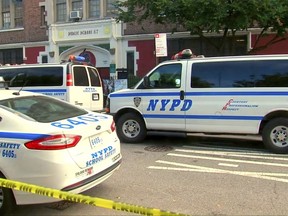 In this frame grab from video provided by WABC, police are gathered near the front door of Urban Assembly School for Wildlife Conservation in New York, Wednesday, Sept. 27, 2017. Police say a 15-year-old boy has been stabbed to death and a 16-year-old critically injured when they were attacked at the school which has middle and high school students attending. (WABC via AP)