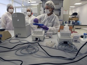 FILE- In this Aug. 10, 2011 file photo Tatyana Gryazeva, right, a criminalist at the Office of Chief Medical Examiner, instructs Lache Rossouw, center, a visiting scientist from South Africa, and Kelsey Baker, an intern, on extracting DNA at a training lab of the New York City Office of Chief Medical Examiner's Forensic Biology Lab in New York. A technique for analyzing DNA evidence developed by the laboratory has come under fire amid questions about its reliability. (AP Photo/Mary Altaffer, File)