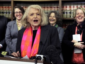 FILE - In this Oct. 18, 2012 file photo, Edith Windsor addresses a news conference at the offices of the New York Civil Liberties Union, in New York. Windsor, who brought a Supreme Court case that struck down parts of a federal law that banned same-sex marriage, died Tuesday, Sept. 12, 2017, in New York, according to her attorney. She was 88.  (AP Photo/Richard Drew, File)