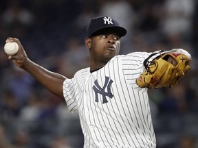 New York Yankees' Luis Severino delivers a pitch during the first inning of a baseball game against the Baltimore Orioles Friday, Sept. 15, 2017, in New York. (AP Photo/Frank Franklin II)