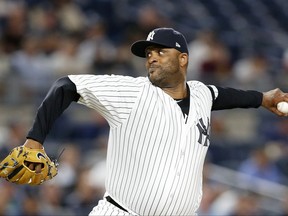 New York Yankees starting pitcher CC Sabathia delivers during the second inning of a baseball game against the Minnesota Twins in New York, Tuesday, Sept. 19, 2017. (AP Photo/Kathy Willens)