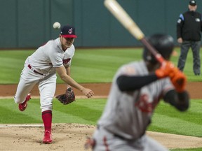 Cleveland Indians starting pitcher Trevor Bauer delivers to Baltimore Orioles Tim Beckham during the first inning of a baseball game in Cleveland, Sunday, Sept. 10, 2017. (AP Photo/Phil Long)