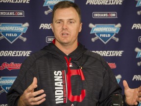 Cleveland Indians' Jay Bruce speaks during a press conference before a baseball game against the Kansas City Royals in Cleveland, Sunday, Sept. 17, 2017. Division champions for the second year in a row, the Indians wrap up the season's longest homestand _ and an historic week. (AP Photo/Phil Long)